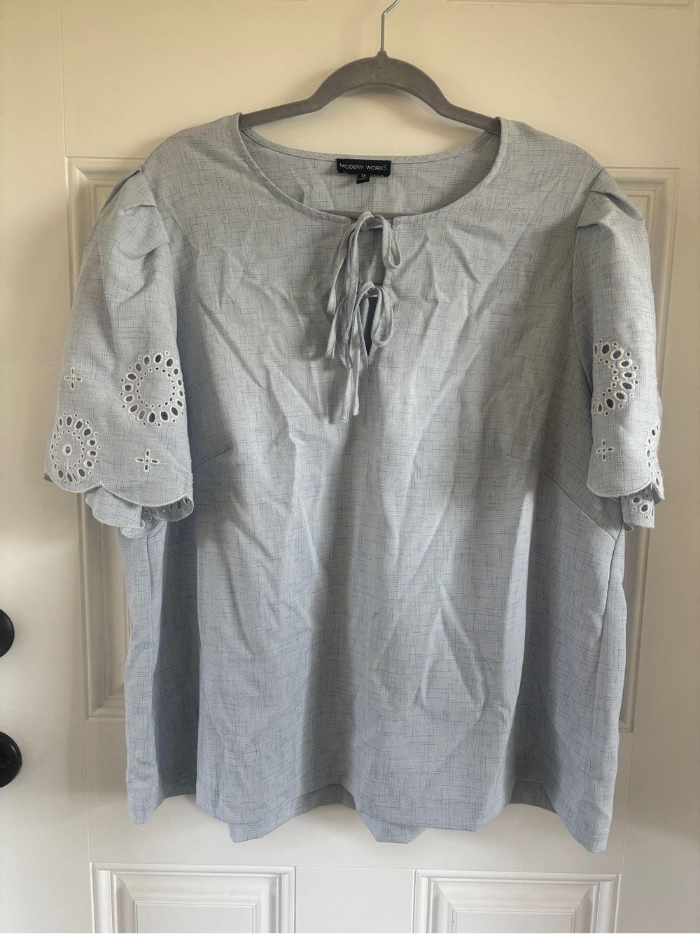 Modern Works Light Blue Eyelet-Sleeve Tie-Front Blouse